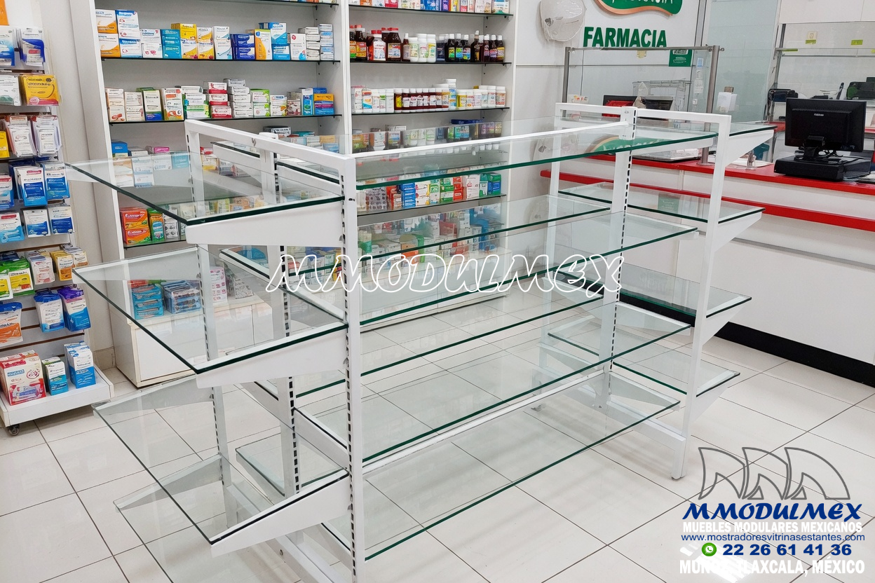 Gondola Ligera Para Farmacias Entrepanos De Vidrio 2